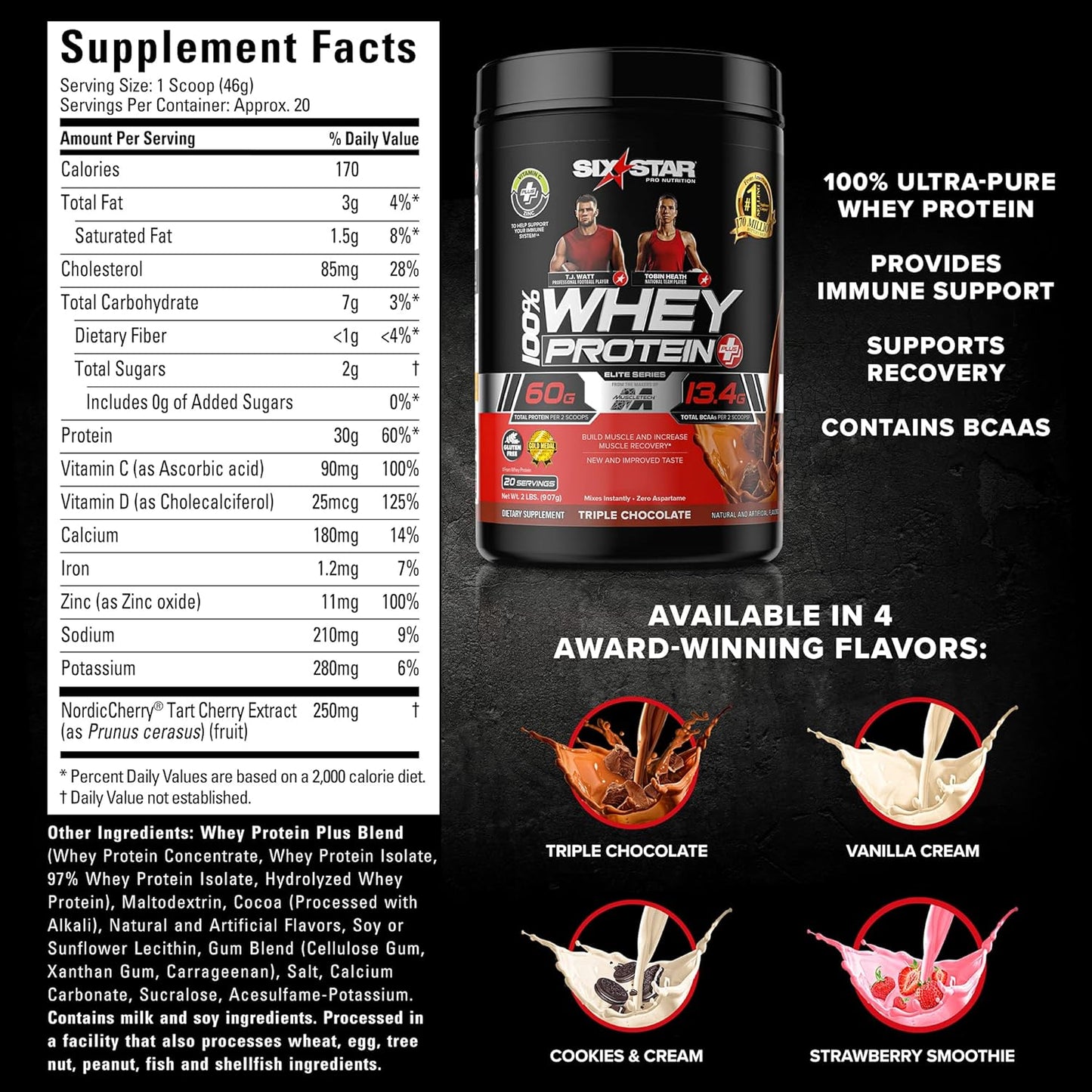 Whey Protein Powder + Immune Support | Whey Protein plus | Whey Protein Isolate & Peptides + Muscle Builder | Lean Protein Powder for Muscle Gain & Recovery | Chocolate, 2 Lbs
