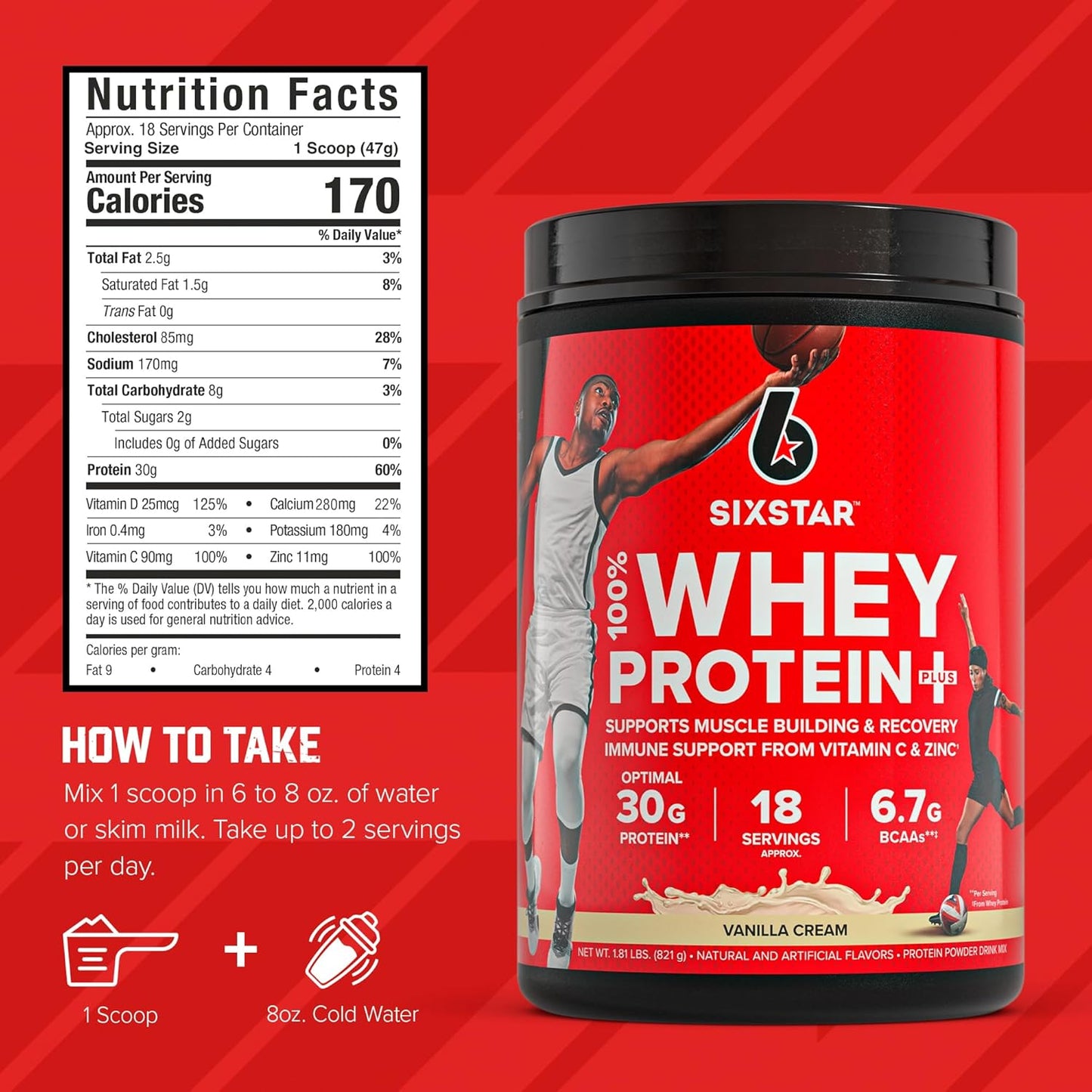 Whey Protein Powder plus - Muscle Building & Recovery Formula with Whey Isolate Powder, Bcaas, 30G Protein, Immune Support - Post-Workout Supplement - Vanilla Cream, 1.8 Lbs