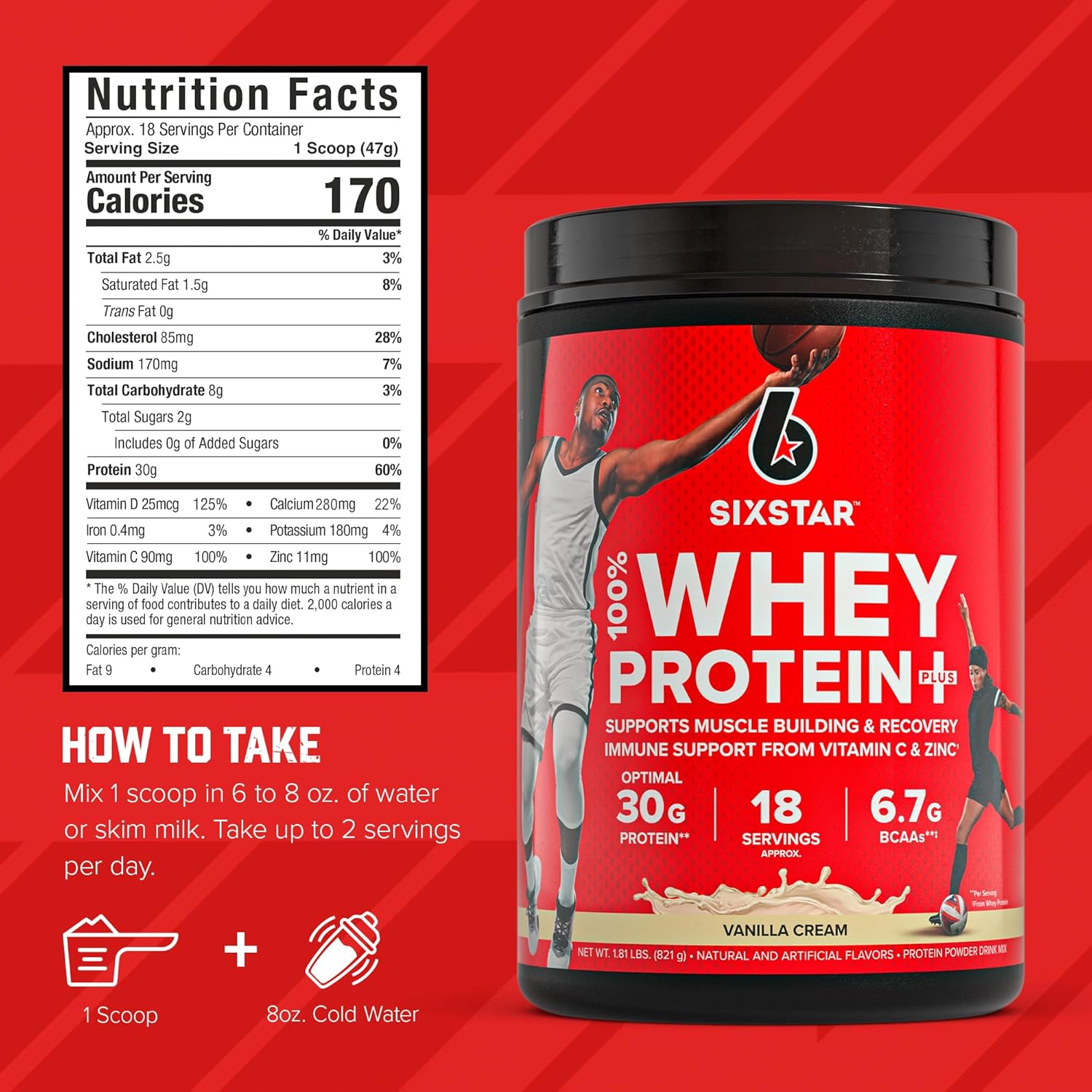Whey Protein Powder plus - Muscle Building & Recovery Formula with Whey Isolate Powder, Bcaas, 30G Protein, Immune Support - Post-Workout Supplement - Vanilla Cream, 1.8 Lbs